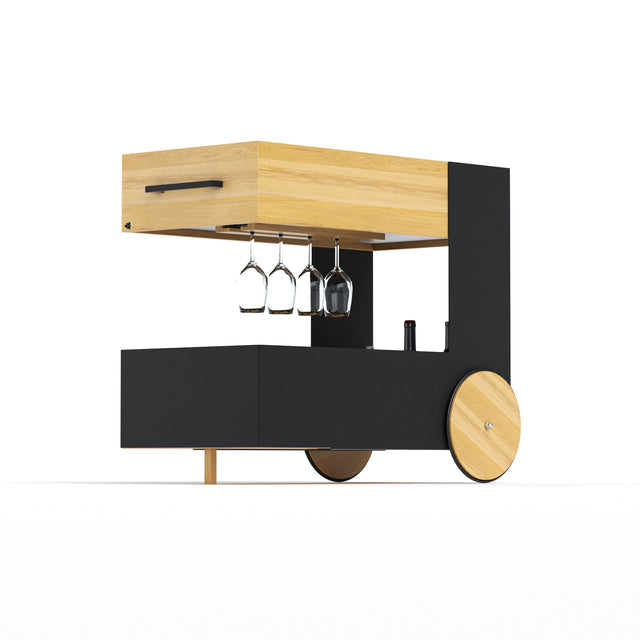Design Servierwagen – Küchenwagen, schwarz & weiß aus Stahl und Eichenholz